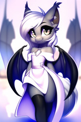 Size: 768x1152 | Tagged: safe, editor:flitter4935, imported from derpibooru, oc, oc:misty inkblot, bat pony, semi-anthro, adorable face, ai content, ai generated, arm behind back, bat pony oc, bat wings, clothes, cute, cute little fangs, dress, ear fluff, fangs, generator:novelai, generator:stable diffusion, kneesocks, looking at you, smiling, smiling at you, socks, wings