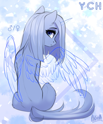 Size: 2500x3000 | Tagged: safe, artist:hakaina, imported from derpibooru, oc, oc only, unnamed oc, alicorn, earth pony, pony, abstract background, beautiful, blue, blue eyes, colored, commission, ethereal horn, ethereal wings, eyelashes, female, female symbol, frown, hair physics, high res, looking at you, looking back, looking back at you, male symbol, mane physics, mare, monochrome, partially open wings, rear view, shading, signature, sitting, sketch, slim, spine, straight mane, thin, turned head, wing gesture, wings, ych sketch, your character here