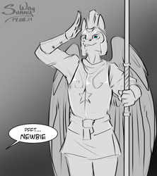 Size: 1066x1200 | Tagged: safe, artist:sunny way, imported from derpibooru, oc, oc only, anthro, pegasus, armor, gradient background, grayscale, guard, male, monochrome, newbie, offscreen character, partial color, patreon, patreon reward, royal guard, salute, solo, stallion