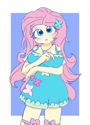 Size: 1169x1626 | Tagged: safe, artist:leo19969525, imported from derpibooru, fluttershy, human, equestria girls, blue eyes, blushing, breasts, busty fluttershy, clothes, cute, dress, female, hair, looking at you, open mouth, pink hair, shyabetes, simple background, solo