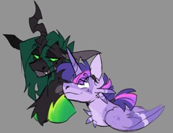 Size: 1056x811 | Tagged: safe, artist:rockin_candies, imported from derpibooru, queen chrysalis, twilight sparkle, alicorn, changeling, changeling queen, pony, alternate design, chest fluff, duo, eye clipping through hair, fangs, female, glowing, glowing eyes, gray background, horn, lesbian, looking at each other, looking at someone, shipping, simple background, slit pupils, smiling, twilight sparkle (alicorn), twisalis, wings