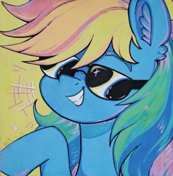 Size: 2017x2048 | Tagged: safe, artist:krista-21, imported from derpibooru, rainbow dash, pegasus, pony, bust, ear fluff, female, grin, mare, smiling, solo, sunglasses