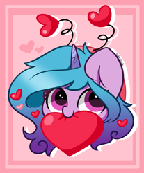 Size: 2848x3432 | Tagged: safe, artist:kittyrosie, imported from derpibooru, izzy moonbow, pony, unicorn, spoiler:g5, spoiler:my little pony: tell your tale, spoiler:tyts01e44, bust, cute, g5, heart, holiday, izzybetes, mouth hold, my little pony: tell your tale, secret ad-mare-er, solo, valentine's day