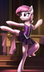 Size: 512x832 | Tagged: safe, imported from derpibooru, earth pony, pony, ai content, ai generated, ballerina, ballet, bipedal, clothes, dancing, detailed background, flexible, generator:novelai, generator:stable diffusion, raised leg, skirt