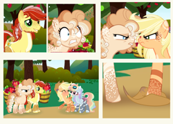 Size: 5192x3720 | Tagged: safe, artist:xxcheerupxxx, imported from derpibooru, applejack, bright mac, pear butter, rainbow dash, earth pony, pegasus, pony, alternate design, appledash, base used, female, homophobia, lesbian, lesbian in front of boys, male, mare, out of character, shipping, stallion