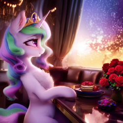 Size: 1536x1536 | Tagged: safe, artist:nightluna, imported from derpibooru, princess celestia, alicorn, pony, ai assisted, ai content, balcony, cake, candies, chest fluff, couch, crown, curtains, cute, cutelestia, diadem, ear fluff, eyebrows, eyelashes, female, flower, food, generator:purplesmart.ai, generator:stable diffusion, horn, jewelry, looking forward, mare, plate, reflection, regalia, rose, sitting, sky, smiling, solo, strawberry, table, vase, wingless