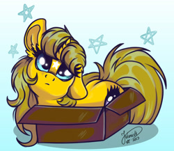 Size: 1920x1669 | Tagged: safe, artist:julunis14, imported from derpibooru, oc, oc only, oc:ayza, pony, unicorn, box, gradient background, horn, if i fits i sits, one ear down, pony in a box, solo, unicorn oc