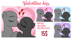 Size: 1200x654 | Tagged: safe, artist:jennieoo, imported from derpibooru, oc, pony, advertisement, commission, couple, example, eyes closed, female, gay, holding hooves, holiday, kiss on the lips, kissing, lesbian, lovers, male, simple background, straight, valentine, valentine's day, vector, ych sketch, your character here