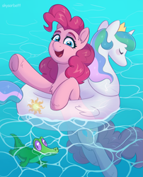 Size: 1465x1809 | Tagged: safe, artist:skysorbett, imported from derpibooru, gummy, pinkie pie, alligator, earth pony, pony, cute, diapinkes, female, floaty, g4, happy, inflatable toy, inner tube, looking at you, male, mare, open mouth, open smile, pool toy, smiling, swanlestia, swimming, underhoof, water