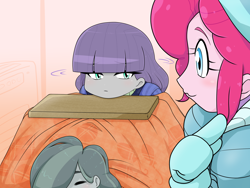 Size: 2224x1668 | Tagged: safe, artist:batipin, imported from derpibooru, marble pie, maud pie, pinkie pie, human, equestria girls, :3, clothes, equestria girls-ified, eyes closed, female, kotatsu, siblings, sisters, trio, winter outfit