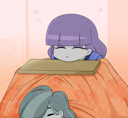 Size: 1799x1668 | Tagged: safe, alternate version, artist:batipin, imported from derpibooru, marble pie, maud pie, human, equestria girls, duo, equestria girls-ified, eyes closed, eyeshadow, female, kotatsu, makeup, siblings, sisters, smiling, when she smiles