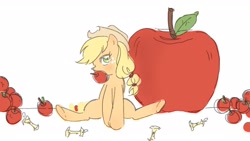Size: 1920x1080 | Tagged: safe, artist:rbap, imported from derpibooru, applejack, earth pony, pony, apple, applejack's hat, cowboy hat, female, food, hat, simple background, sitting, solo, that pony sure does love apples, white background
