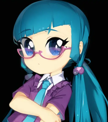Size: 512x576 | Tagged: safe, editor:luckreza8, imported from derpibooru, juniper montage, human, equestria girls, ai content, ai generated, anime, black background, female, generator:pinegraph, simple background, solo