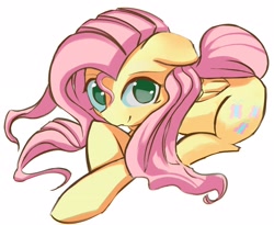 Size: 2480x2038 | Tagged: safe, artist:solid shrimp, imported from derpibooru, fluttershy, pegasus, pony, cute, female, floppy ears, folded wings, high res, looking at you, looking up, looking up at you, lying down, mare, no pupils, simple background, smiling, smiling at you, solo, stray strand, three quarter view, white background, wings