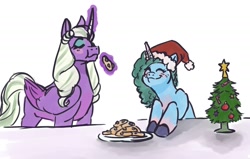 Size: 2048x1300 | Tagged: safe, artist:mayugraffiti, imported from derpibooru, opaline arcana, alicorn, pony, unicorn, spoiler:g5, blushing, christmas, cute, duo, duo female, female, food, freckles, g5, glowing, glowing horn, hat, holiday, horn, magic, magic aura, misty brightdawn, mistybetes, santa hat, simple background, smiling, telekinesis, unshorn fetlocks, white background