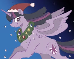 Size: 1808x1464 | Tagged: safe, artist:mayugraffiti, imported from derpibooru, twilight sparkle, alicorn, pony, christmas, female, flying, hat, holiday, santa hat, smiling, twilight sparkle (alicorn)