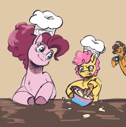 Size: 1493x1505 | Tagged: safe, artist:mayugraffiti, imported from derpibooru, cheese sandwich, li'l cheese, pinkie pie, earth pony, pony, blushing, bowl, camera, cheesepie, chef's hat, cute, father and child, father and son, female, food, hat, hoof hold, male, mother and child, mother and son, shipping, simple background, smiling, straight, tongue out, trio, unshorn fetlocks, yellow background