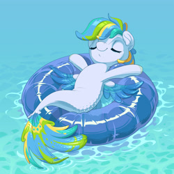 Size: 3000x3000 | Tagged: safe, artist:gor1ck, imported from derpibooru, oc, oc only, oc:siriusnavigator, oc:siriusnavigator(alicorn), seapony (g4), belly, chillaxing, commission, digital art, dorsal fin, eyes closed, female, inflatable, inner tube, mare, pool toy, scales, seaponified, smiling, solo, species swap, spread wings, tail, water, wings, ych result