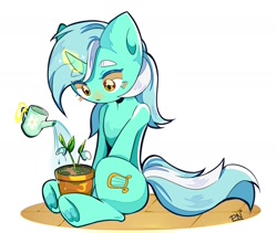 Size: 1668x1408 | Tagged: safe, artist:pledus, imported from derpibooru, lyra heartstrings, pony, unicorn, eyebrows, eyebrows visible through hair, flower, flower pot, levitation, looking down, magic, potted plant, simple background, sitting, solo, telekinesis, underhoof, watering, watering can, white background