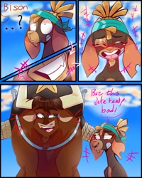 Size: 1080x1350 | Tagged: safe, artist:jully-park, imported from derpibooru, shanty (tfh), bull, cow, goat, them's fightin' herds, bandaid, comic, community related, dad joke, digital art, facial hair, goatee, korean, laughing, texas (tfh)