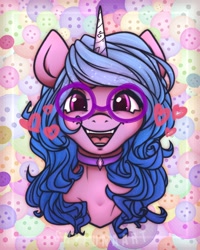 Size: 1800x2250 | Tagged: safe, alternate version, artist:shylunaart, imported from derpibooru, izzy moonbow, pony, unicorn, collar, female, g5, glasses, heart, smiling, solo