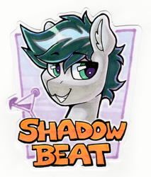 Size: 1324x1552 | Tagged: safe, artist:dandy, imported from derpibooru, oc, oc only, oc:shadow beat, earth pony, pony, badge, bust, con badge, copic, ear fluff, earth pony oc, looking at you, male, martini glass, portrait, solo, text, traditional art