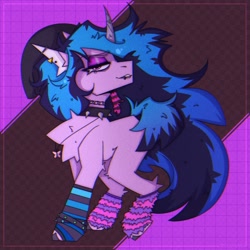 Size: 2300x2300 | Tagged: safe, artist:shylunaart, imported from derpibooru, izzy moonbow, pony, unicorn, chest fluff, clothes, female, g5, goth, goth izzy, smiling, smirk, socks, solo