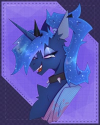 Size: 2100x2625 | Tagged: safe, artist:shylunaart, imported from derpibooru, princess luna, alicorn, pony, chest fluff, choker, collar, female, piercing, smiling, smirk, solo, spiked choker