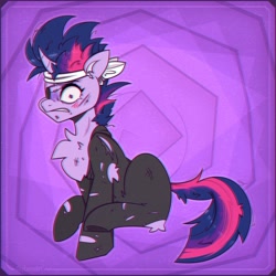 Size: 2850x2850 | Tagged: safe, artist:shylunaart, imported from derpibooru, twilight sparkle, pony, unicorn, chest fluff, eyepatch, female, frown, future twilight, solo, unicorn twilight