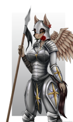 Size: 1080x1800 | Tagged: safe, artist:shamziwhite, imported from derpibooru, oc, oc only, oc:dunnie blust, anthro, pegasus, armor, blushing, breasts, female, flower, guardsmare, looking at you, mare, rose, royal guard, solo, standing, weapon, wings