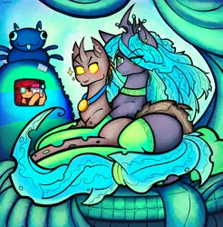 Size: 7566x7684 | Tagged: safe, artist:facadeart, imported from derpibooru, queen chrysalis, oc, oc:fire hearth, oc:trex vyrax, changeling, bed, bedroom, bedroom eyes, changeling oc, choker, clothes, colored, colored background, green eyes, horn, medal, socks, stockings, tail, tail wrap, thigh highs, video camera, yellow changeling