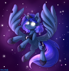 Size: 1892x1953 | Tagged: safe, artist:yuris, imported from derpibooru, princess luna, alicorn, pony, ears up, jewelry, regalia, solo, space, spread wings, wings
