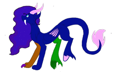 Size: 1354x787 | Tagged: safe, artist:princessmoonlight, imported from derpibooru, oc, oc only, draconequus, blue coat, blue eyes, claws, dragon tail, ethereal mane, folded wings, horns, looking up, paws, pegasus wings, simple background, smiling, solo, starry mane, tail, tooth, transparent background, wings, wings down
