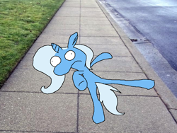 Size: 800x600 | Tagged: safe, artist:junomercury, imported from derpibooru, trixie, pony, unicorn, abuse, beaten up, grass, inconvenient trixie, irl, missing cutie mark, on floor, photo, ponies in real life, real life background, road, sidewalk, solo, splat, trixiebuse, wide eyes