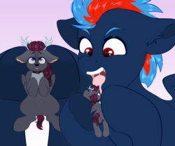 Size: 3000x2500 | Tagged: safe, artist:etoz, imported from derpibooru, oc, oc:black the dragon, oc:fevson faraday, deer, pegasus, pony, belly, deer oc, drool, holding a pony, imminent vore, licking, macro/micro, micro, open mouth, size difference, tasting, tongue out