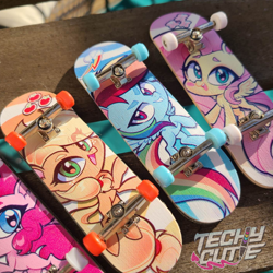 Size: 2138x2138 | Tagged: safe, artist:techycutie, imported from derpibooru, applejack, fluttershy, pinkie pie, rainbow dash, earth pony, pegasus, fingerboard, grin, irl, lightning, merchandise, photo, skateboard, smiling, tech deck, watermark