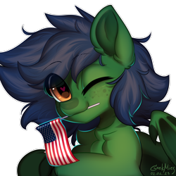 Size: 3864x3864 | Tagged: safe, alternate version, artist:gicme, imported from derpibooru, oc, oc only, oc:comet jester, original species, pony, shark, shark pony, american flag, bust, heart, heart eyes, looking at you, male, mouth hold, one eye closed, portrait, simple background, stallion, transparent background, wingding eyes, wink, winking at you