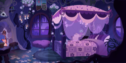 Size: 6186x3106 | Tagged: safe, artist:shadowwolf, imported from derpibooru, timber wolf, background, bed, candle, fireplace, flower, high res, indoors, jewelry, leaves, night, pillow, plant, plants, room, scroll, skull, stars, tree, wallpaper, window