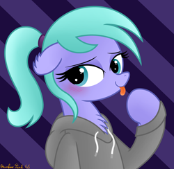 Size: 3016x2942 | Tagged: safe, artist:rainbowšpekgs, imported from derpibooru, icy rain, pegasus, pony, :p, bedroom eyes, blushing, bust, chest fluff, clothes, cute, female, hoodie, mare, ponytail, tongue out