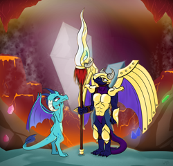 Size: 4800x4600 | Tagged: safe, artist:underwoodart, imported from derpibooru, princess ember, dragon, original species, armor, artificial wings, augmented, cave, cavern, dragon lands, dragon lord ember, gem, gem cave, gemstones, golden armor, lava, mechanical wing, spear, weapon, wings