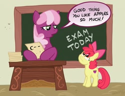 Size: 1280x989 | Tagged: safe, artist:henbe, imported from derpibooru, apple bloom, cheerilee, earth pony, pony, apple, apple bloom's bow, bow, chalkboard, classroom, desk, dialogue, exam, female, filly, foal, hair bow, mare, speech bubble, that pony sure does love apples