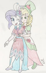 Size: 880x1400 | Tagged: safe, artist:bageloftime, imported from derpibooru, applejack, rarity, human, equestria girls, clothes, dress, female, gala dress, holiday, humanized, lesbian, long dress, long skirt, rarijack, shipping, skirt, traditional art, valentine, valentine's day