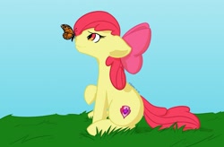 Size: 1280x839 | Tagged: safe, artist:kurokaiju, imported from derpibooru, apple bloom, butterfly, earth pony, pony, butterfly on nose, female, filly, foal, grass, insect on nose, sitting