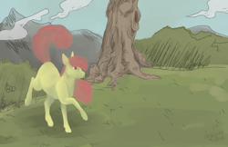 Size: 1024x663 | Tagged: safe, artist:perkypossum, imported from derpibooru, apple bloom, earth pony, pony, female, filly, foal, grass, hoers, mountain, solo, tree