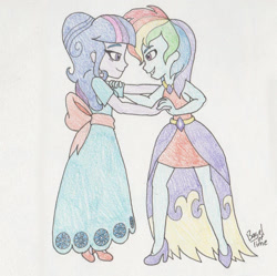 Size: 1406x1400 | Tagged: safe, artist:bageloftime, imported from derpibooru, rainbow dash, twilight sparkle, alicorn, human, equestria girls, clothes, dress, female, gala dress, holiday, humanized, lesbian, long dress, long skirt, shipping, skirt, traditional art, twidash, twilight sparkle (alicorn), valentine, valentine's day