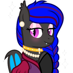 Size: 500x500 | Tagged: safe, artist:amgiwolf, imported from derpibooru, oc, oc only, bat pony, bat pony oc, braid, clothes, dress, ear piercing, earring, fangs, jewelry, makeup, piercing, pretty, simple background, smiling, solo, transparent background, wings