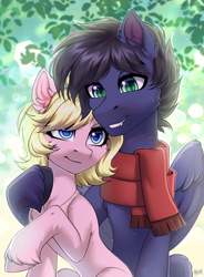 Size: 2060x2800 | Tagged: safe, artist:hakaina, imported from derpibooru, oc, oc only, oc:fenris ebonyglow, oc:kara waypoint, earth pony, pegasus, pony, belly, blue eyes, blurry background, cheek fluff, chest fluff, clothes, colored, commission, concave belly, couple, cute, duo, ear fluff, eyelashes, fangs, fluffy, green eyes, grin, height difference, high res, hoof fluff, hug, jewelry, looking at each other, looking at someone, necklace, ocbetes, partially open wings, raised hoof, scarf, shading, shiny eyes, signature, sitting, slim, slit pupils, smiling, smiling at each other, thin, unshorn fetlocks, wings, ych result