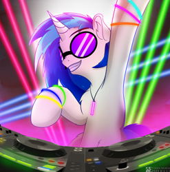 Size: 4268x4320 | Tagged: safe, artist:etheria galaxia, imported from derpibooru, dj pon-3, vinyl scratch, pony, unicorn, absurd resolution, disc jockey, dj booth, female, glow rings, glowstick, mare, neon, party, rave, solo, turntable, vinyl's glasses, watermark