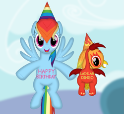 Size: 929x860 | Tagged: safe, artist:porygon2z, imported from derpibooru, rainbow dash, oc, oc:heatwave, griffon, pegasus, pony, chickub, duo, griffon oc, hat, party hat