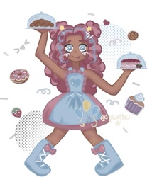 Size: 965x1127 | Tagged: safe, artist:biliache, imported from derpibooru, pinkie pie, human, alternate hairstyle, boots, cake, clothes, cookie, cupcake, cute, dark skin, diapinkes, donut, dress, female, food, heart, humanized, plate, shoes, simple background, solo, strawberry, tray, white background